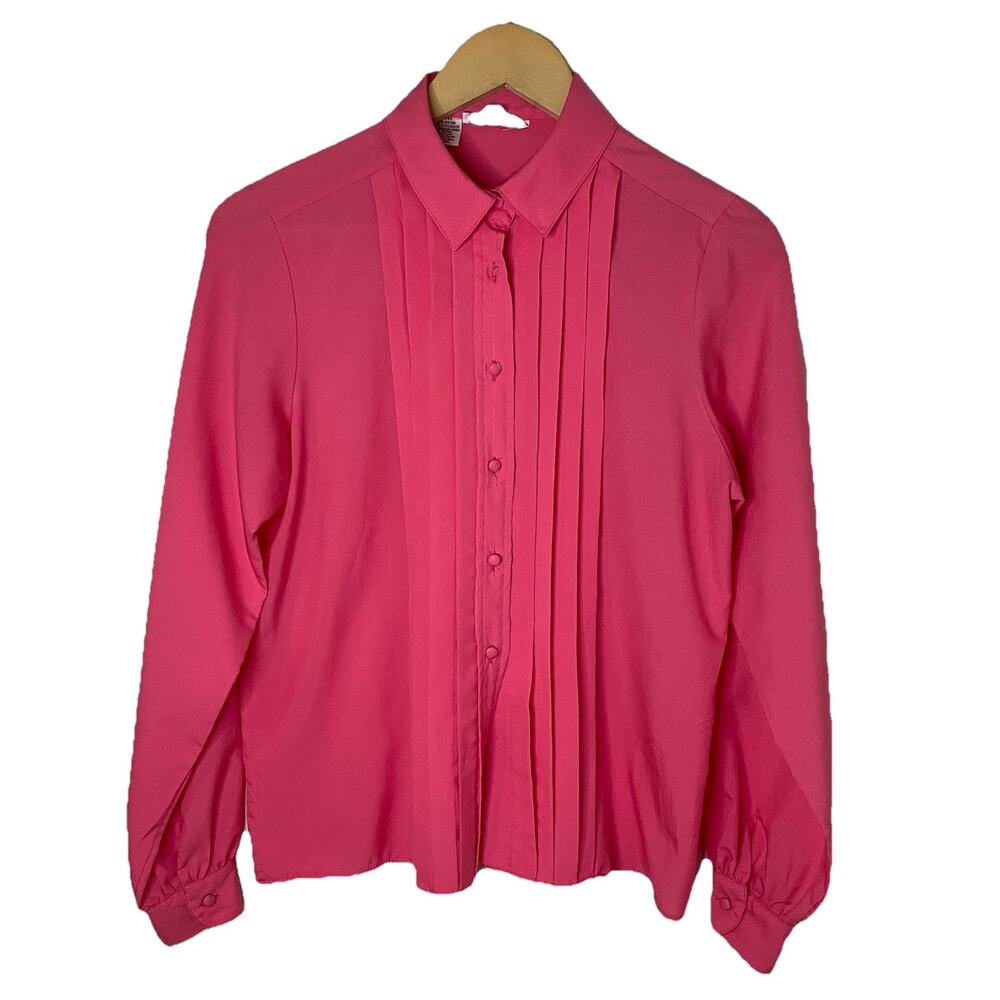 VTG 80s Martinique Pink Blouse Button Up Long Sleeve Pleated Pink Pony Club S/M